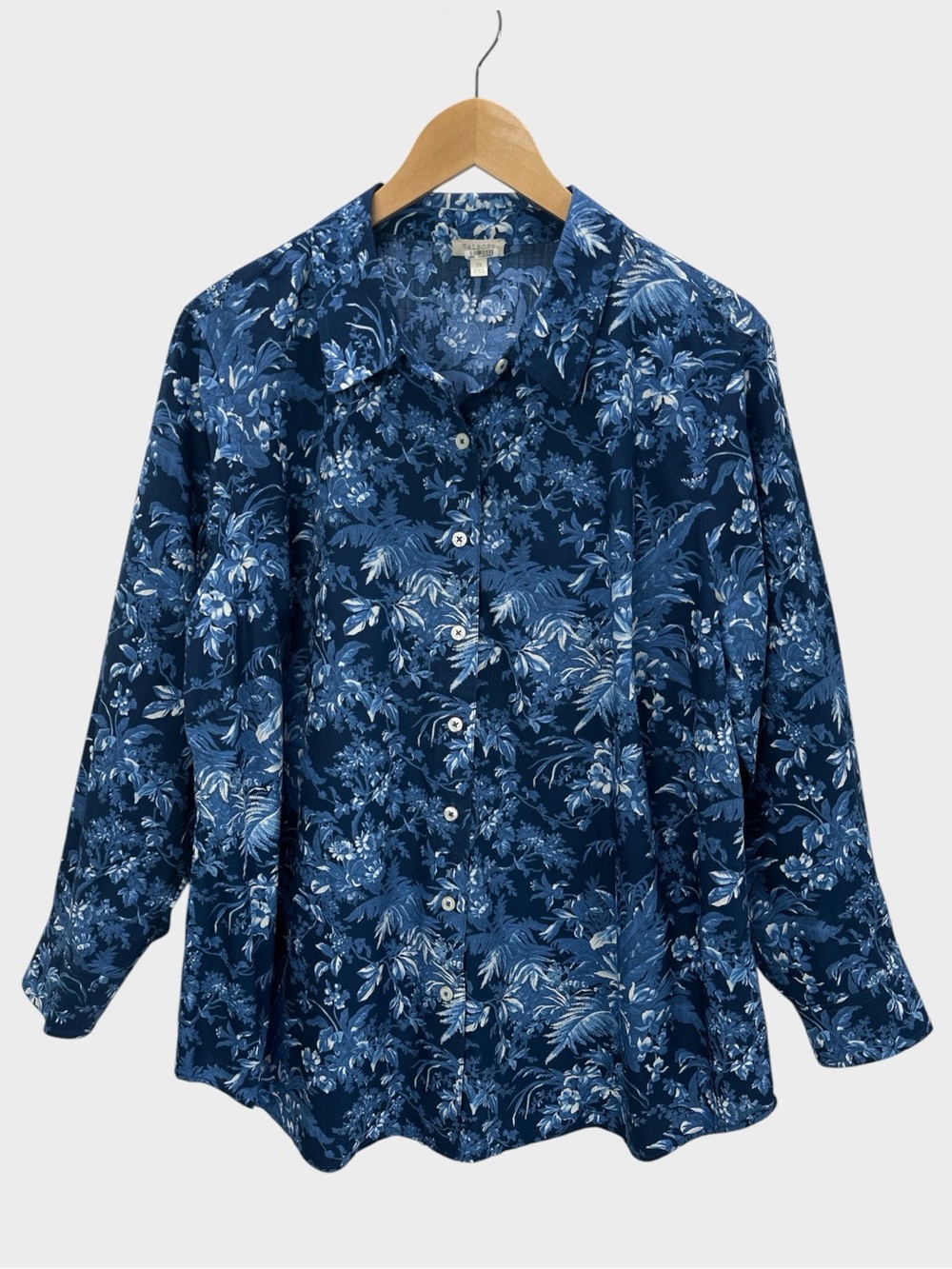 Talbots Cotton Button Front Shirt Blue Floral Toile Coastal Botanical 2X Plus